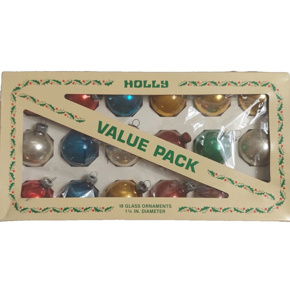 Vintage Holly 18 Glass Round Ball Glass Christmas Ornaments Box Multicolor 1 3/4